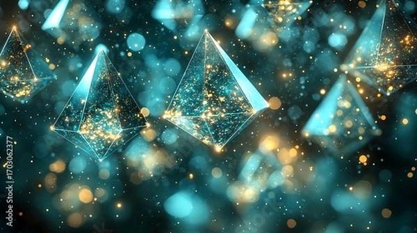 Obraz Glowing Pyramids for Abstract Network, Dark Background.