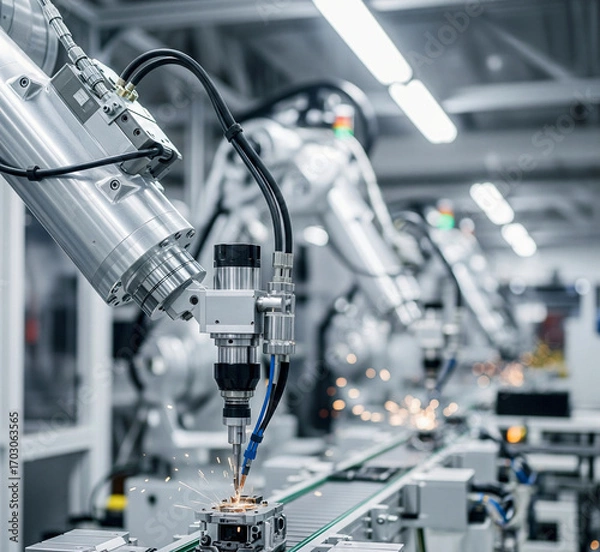 Fototapeta Automated robotic arm welding on a production line in a high-tech smart factory, symbolizing futuristic industrial automation and precision engineering