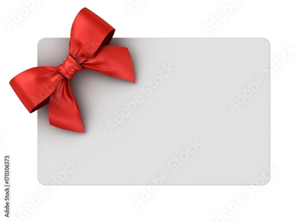 Fototapeta Blank gift card with red ribbon bow isolated on white background . 3D rendering.