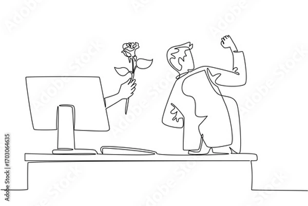 Fototapeta Continuous one line drawing hands out of the monitor screen while holding rose flower. Dancing happily. New business romance. Happiness. Things from Screen. Single line draw design vector illustration