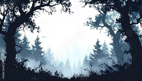 Fototapeta Mystical forest view with silhouettes of trees