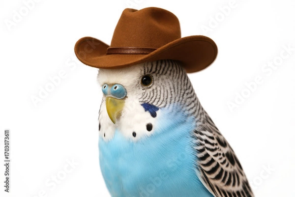 Fototapeta Close-up of a blue budgie dressed in a brown cowboy hat, photographed against a clean white background in a humorous pose.