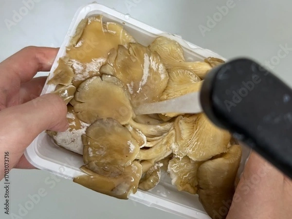 Fototapeta Child rinsing raw mushrooms under water, close-up hands only, unrecognizable, part of cooking series. Salad preparation