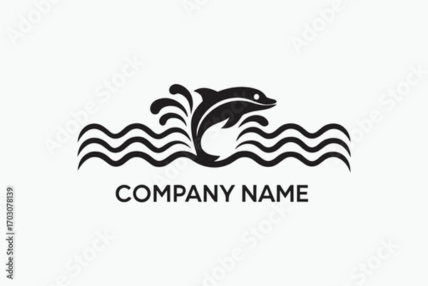 Fototapeta Simple Dolphin Leaping Over Waves Emblem on White Background Design