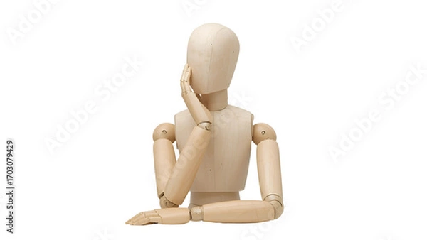 Fototapeta Wooden mannequin sitting and thinking isolated on transparent background in studio