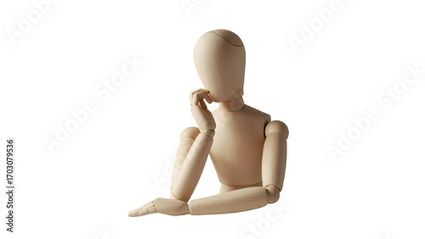 Obraz Wooden mannequin sitting in a thoughtful pose isolated on transparent background