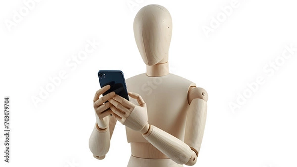 Obraz Wooden mannequin using a smartphone isolated on transparent background in studio shot