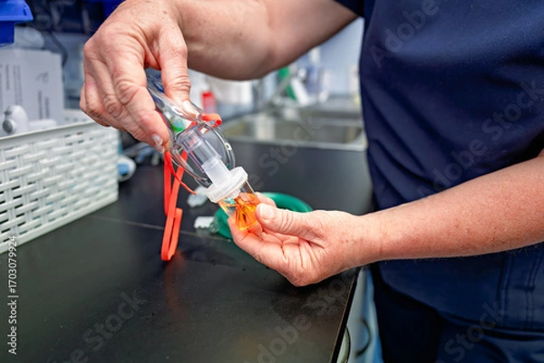 Fototapeta nurse setting up nebuliser medication and oxygen mask from cylinder for patient with asthma, gp general practice primary care health clinic Australia