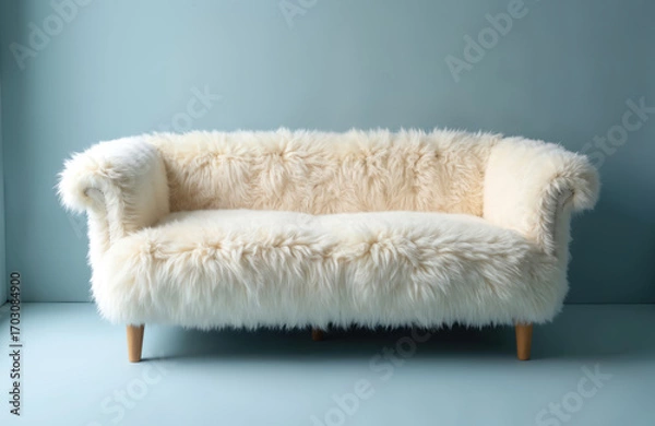 Fototapeta Luxurious cream white sheepskin wool sofa or chair featuring fluffy, soft texture and natural fur. Tanned leather details add warmth and winter comfort to this stylish furniture piece.
