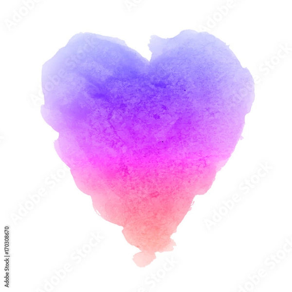 Fototapeta Watercolor gradient violet pink orange hand drawn paper texture isolated heart shaped stain on white background for valentines day. Abstract aquarelle vector illustration. Wet brush romantic painting.