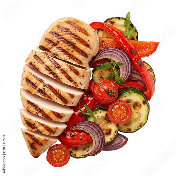 Fototapeta Grilled Chicken with Roasted Vegetables, isolated on transparent background
