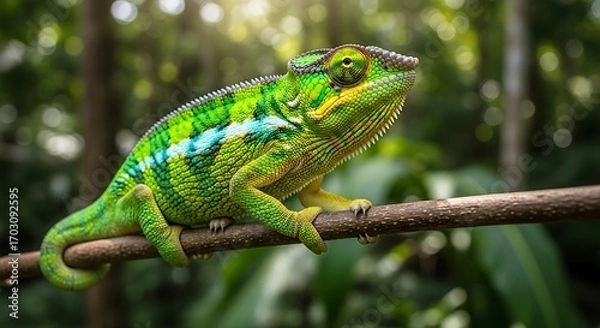 Fototapeta Vibrant chameleon perched on a branch.