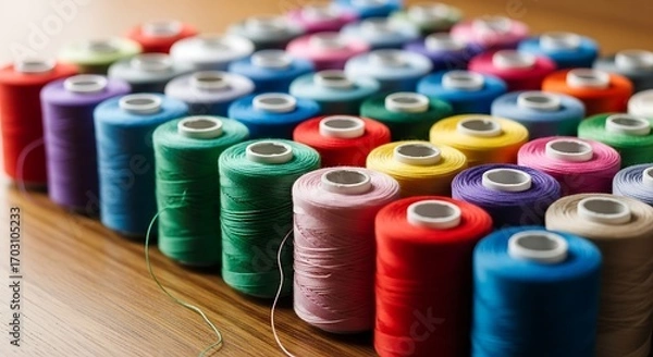 Fototapeta Vibrant spools of sewing thread arrayed on wooden table top creating colorful textures