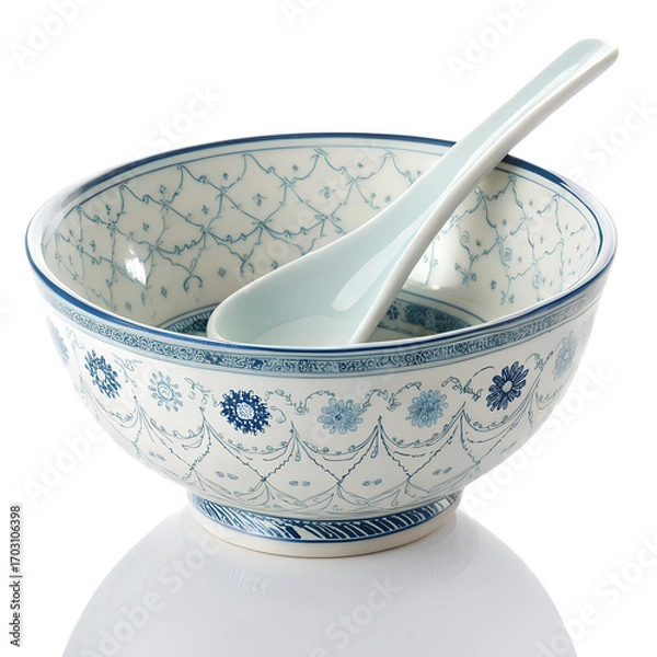 Fototapeta An isolated wooden bowl with a spoon is an empty kitchen object