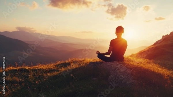 Fototapeta A person meditating on a hilltop at sunrise, symbolizing inner peace and emotional healing, on blurred background