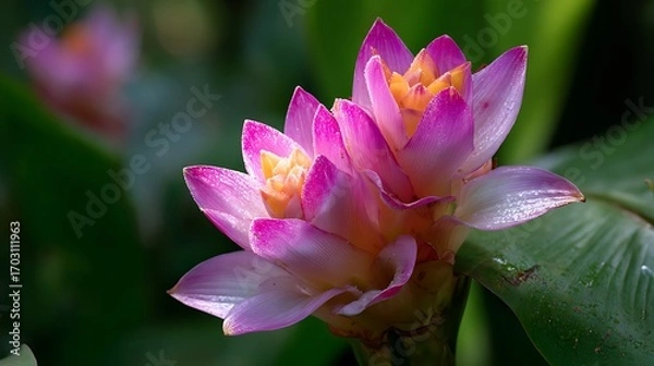 Fototapeta Awesome photo of closeup of a vibrant pink siam tulip flower in full bloom in the garden.