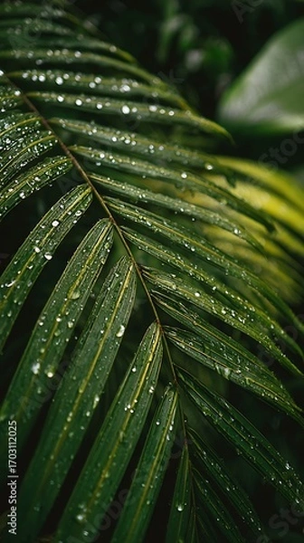 Fototapeta Awesome photo of closeup of a green palm leaf covered in water droplets after the rain.