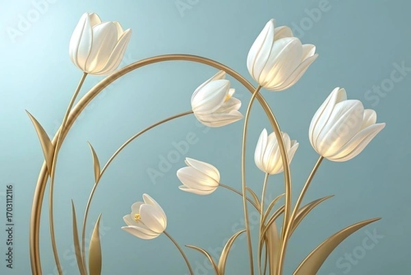 Fototapeta AI generated image of delicate ivory tulips with golden arched stems on pale pearl blue background