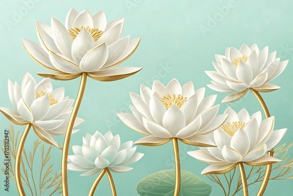 Fototapeta AI generated image of radiant ivory lotus blossoms with ornate golden stems on soft pastel mint background