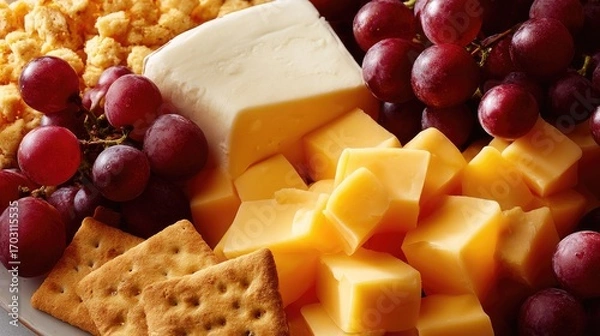 Fototapeta Delicious assortment of cheese, grapes, and crackers perfect for gatherings and celebrations