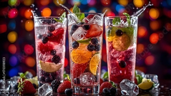 Fototapeta Colorful Festive Cocktail Drinks with Fresh Fruit Garnish Bar Photography