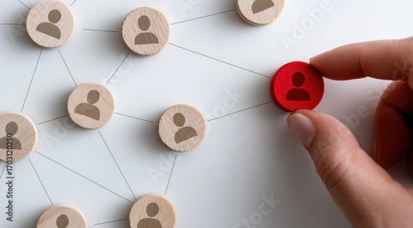 Fototapeta Hand is picking red wooden pawn representing leader, manager or CEO from network of connected people