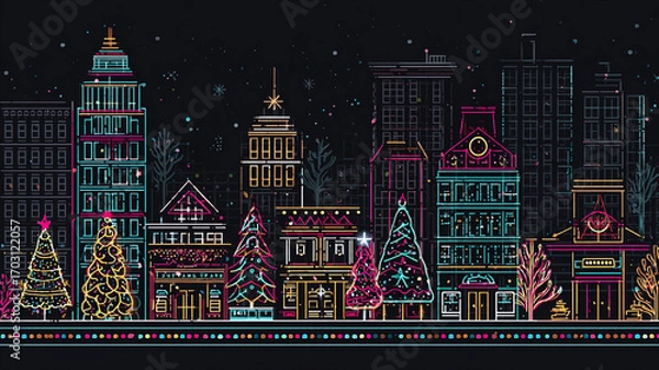 Obraz Vibrant vector illustration of cityscape during Christmas, featuring colorful neon outlines of buildings and decorated trees against dark background, evoking festive atmosphere