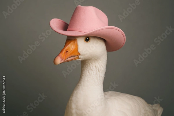 Fototapeta Studio portrait of a white goose dressed in a pink cowboy hat, photographed against a soft gray background in a humorous style.