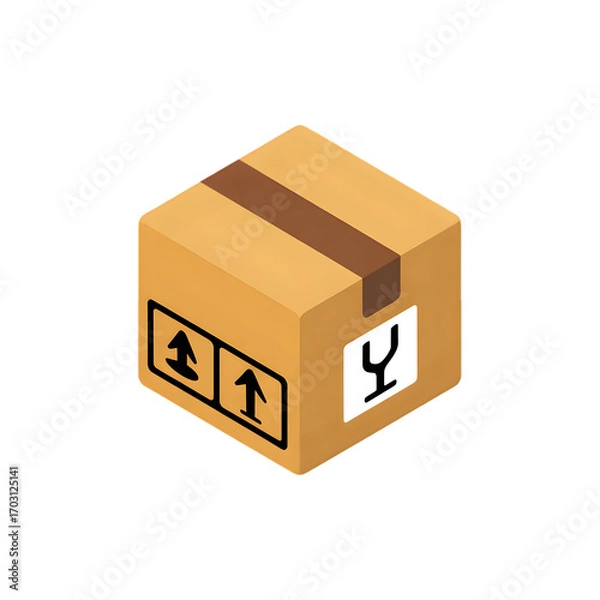 Fototapeta A simple illustration of a closed cardboard box with fragile label and brown packing tape