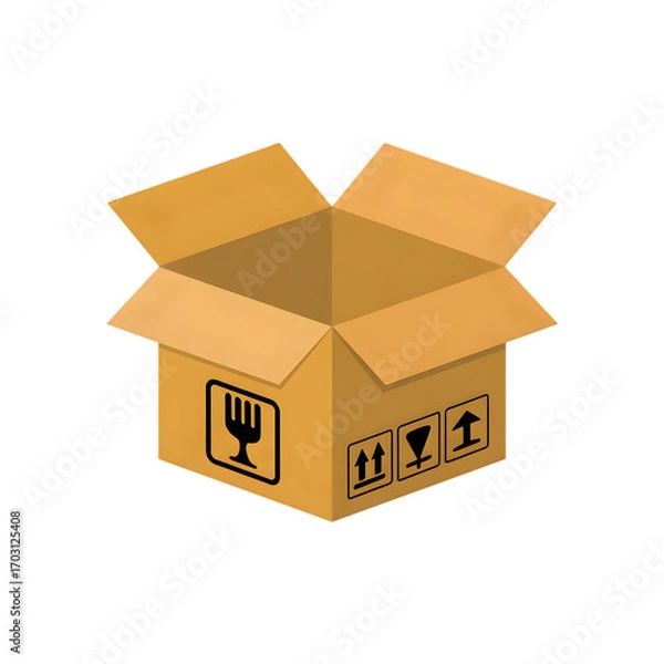 Fototapeta Open cardboard box with fragile and handling symbols ready for packaging and shipping
