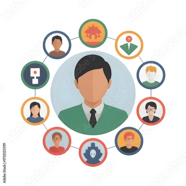 Fototapeta A diverse team of professionals collaborates around a central figure symbolizing teamwork and leadership