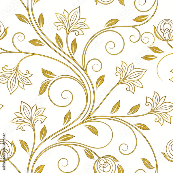 Fototapeta Vector art of elegant gold floral pattern with swirling vines and leaves