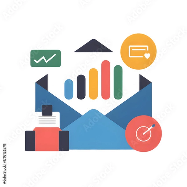 Fototapeta Email marketing analytics infographic showing charts graphs and data in an email envelope