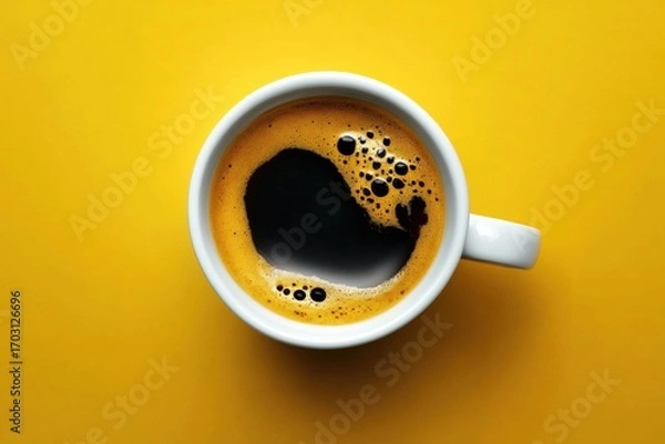 Fototapeta Top view white coffee cup handle yellow background image