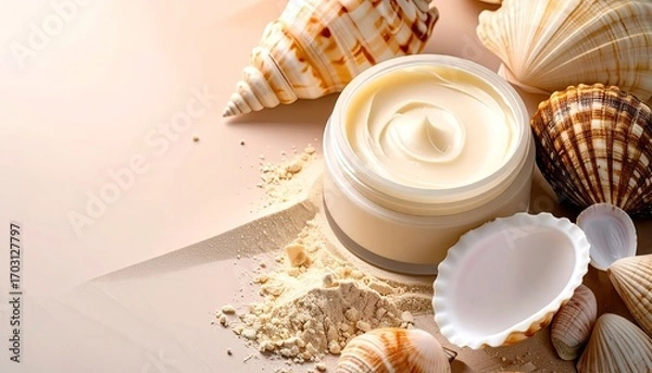 Obraz Cream Jar with Seashells on Beige Background