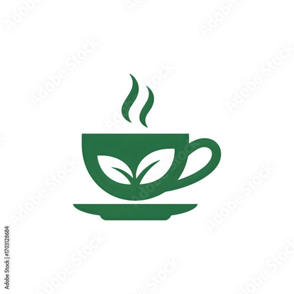 Fototapeta A steaming cup of tea with two leaves rests on a saucer