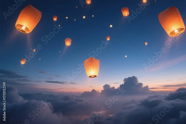 Fototapeta Fantasy Twilight Scene with Lantern Light and Misty Glow