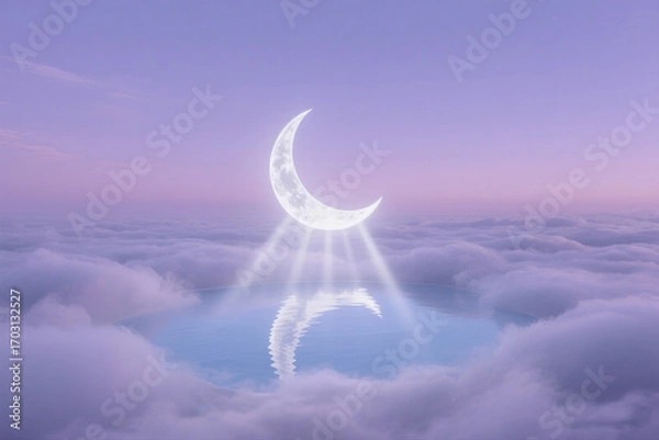 Fototapeta Dreamlike Lavender Sky with Moon Reflection and Misty Rays