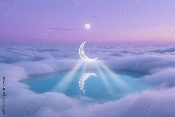 Fototapeta Crescent Moon Rising Above Clouds with Floating Water Pool