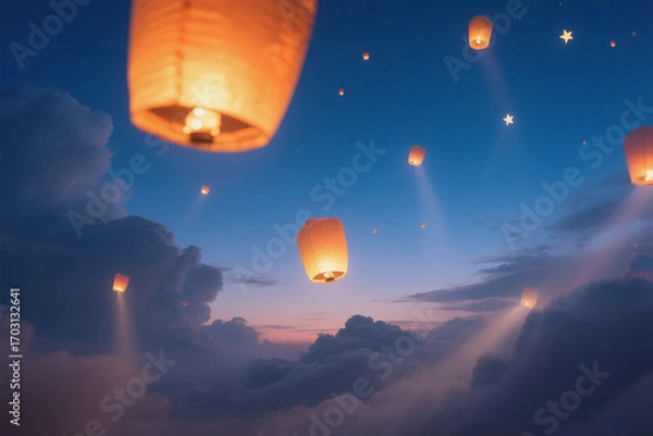 Fototapeta Dreamlike Sky with Floating Orange Lantern and Ethereal Haze