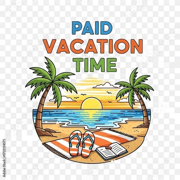 Obraz A cheerful, vibrant graphic design illustrates a beach scene at sunset with the text "Paid Vacation Time" prominently displayed.