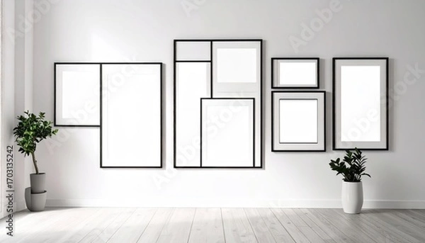 Obraz Gallery Wall Mockup: Black Frames on White Wall