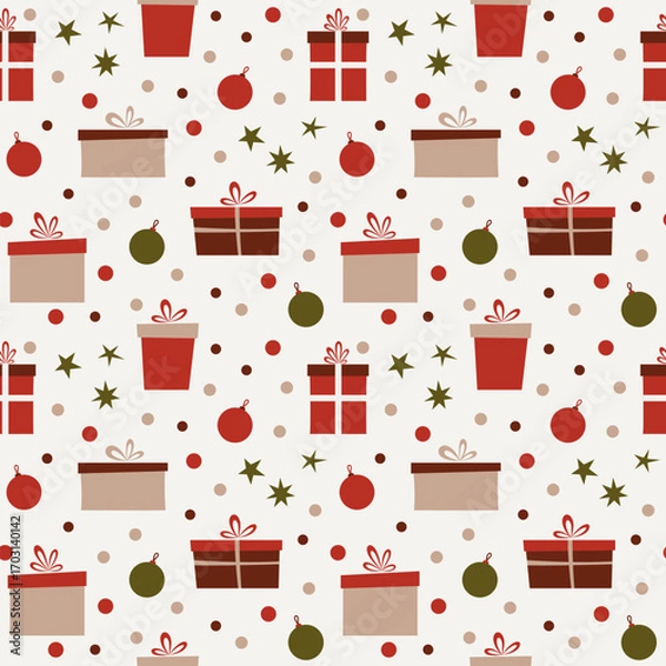 Fototapeta Christmas gift boxes, Christmas tree toys, winter seamless pattern, graphic vector illustration. Festive color New Year's background for decoration, packaging, wrapping paper, fabric, flat design