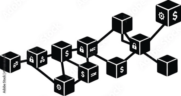 Fototapeta Digital blockchain network structure with currency symbols connected cubes for financial technology concept vector