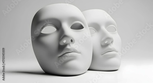 Fototapeta White Plaster Masks Overlapping in Soft Lighting on a White Background