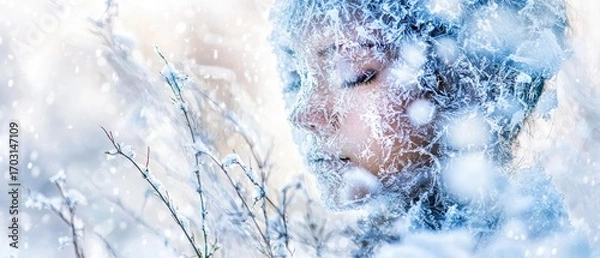 Fototapeta Woman's face covered in ice crystals, eyes closed, near snowy branches. AI.