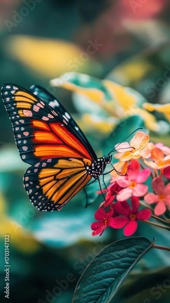Fototapeta A butterfly with orange and black wings rests on small pink and peach flowers. AI.