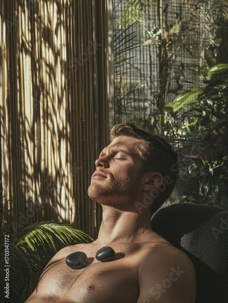 Fototapeta A man with closed eyes sits with stones on his chest, basking in sunlight near bamboo and greenery. AI.