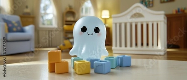 Fototapeta A toy ghost stands on a table surrounded by colorful toy blocks in a room with a crib and other furniture. AI.