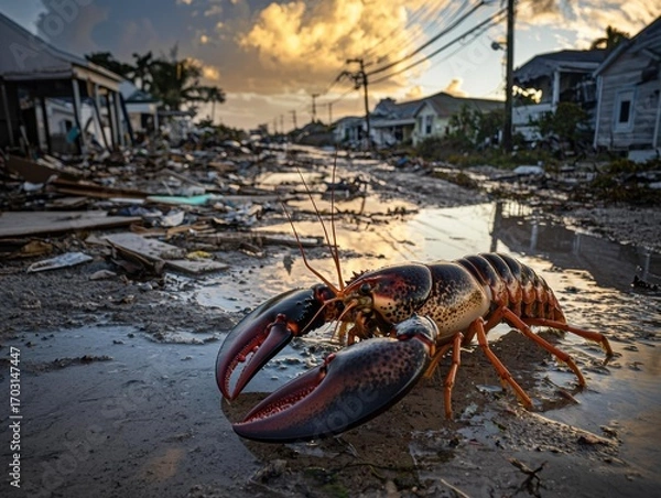 Fototapeta Lobster in debris-filled street with damaged houses in the background, under cloudy sky. AI.